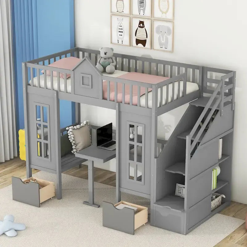 Lit superposé double sur double avec bureau convertible - Gris