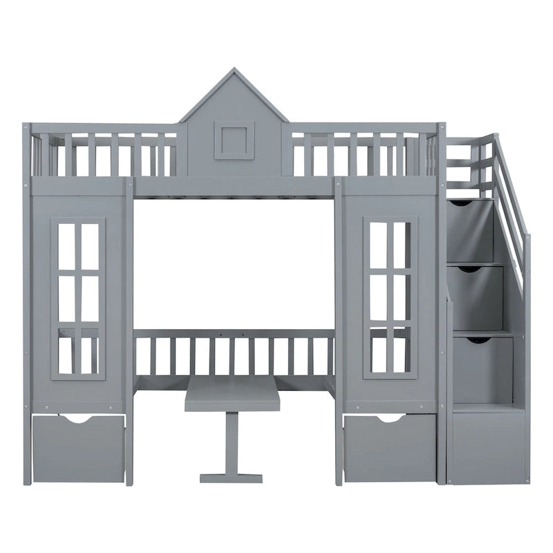 Lit superposé double sur double avec bureau convertible - Gris