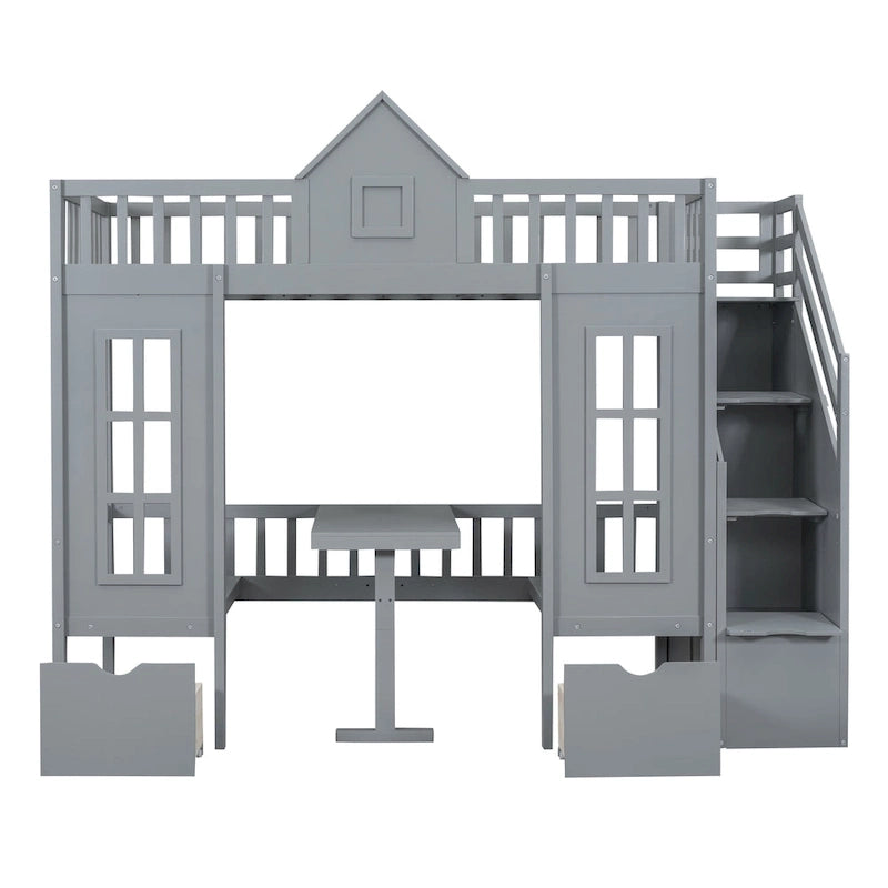 Lit superposé double sur double avec bureau convertible - Gris