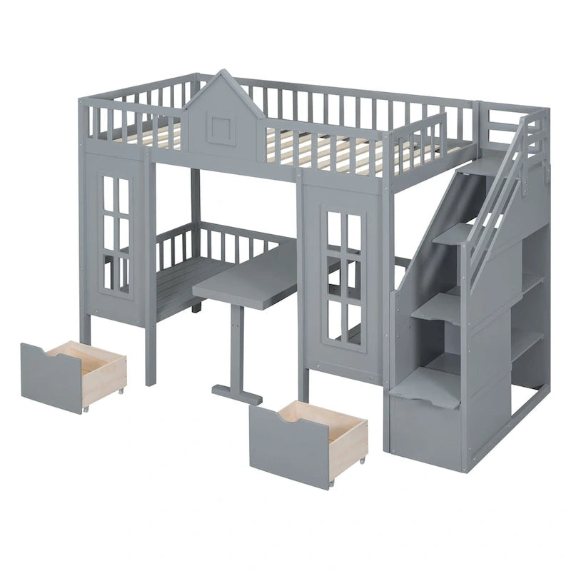 Lit superposé double sur double avec bureau convertible - Gris