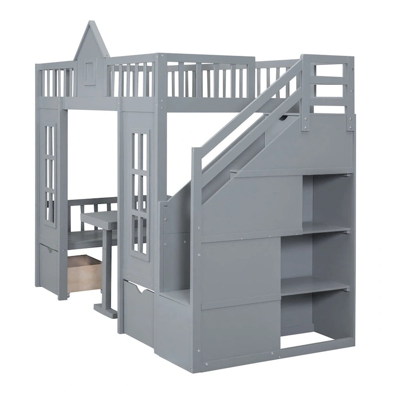 Lit superposé double sur double avec bureau convertible - Gris