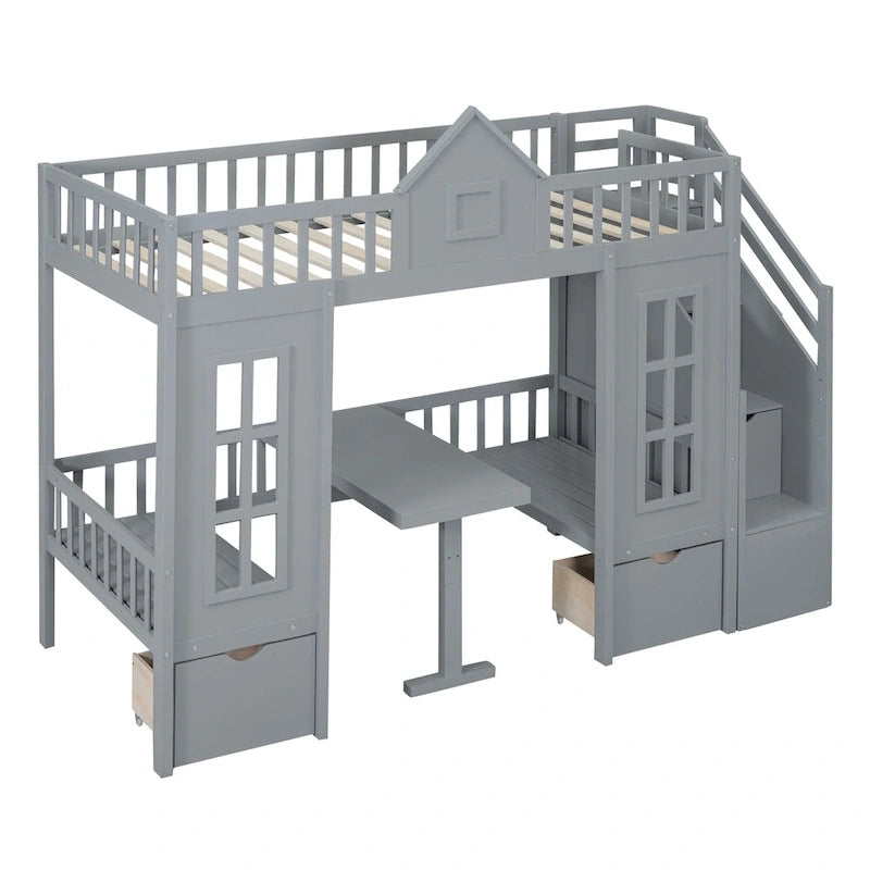 Lit superposé double sur double avec bureau convertible - Gris