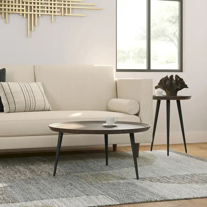 Table basse ronde industrielle moderne avec plateau en bois d'acacia massif