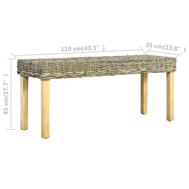 Banc en rotin avec pieds en bois de manguier, 110 cm