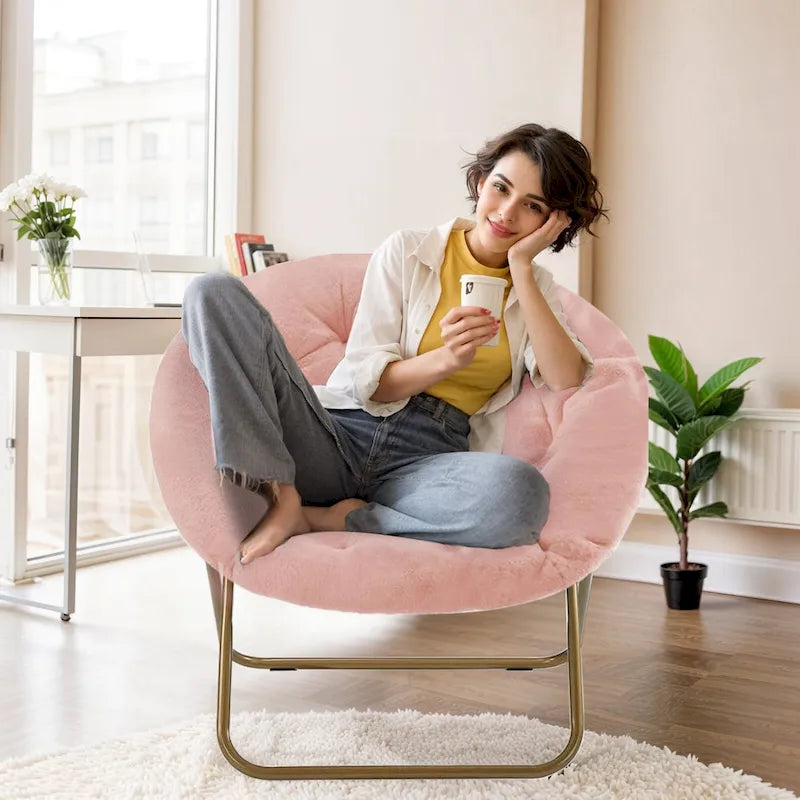 Fauteuil soucoupe pliable avec coussin en fausse fourrure