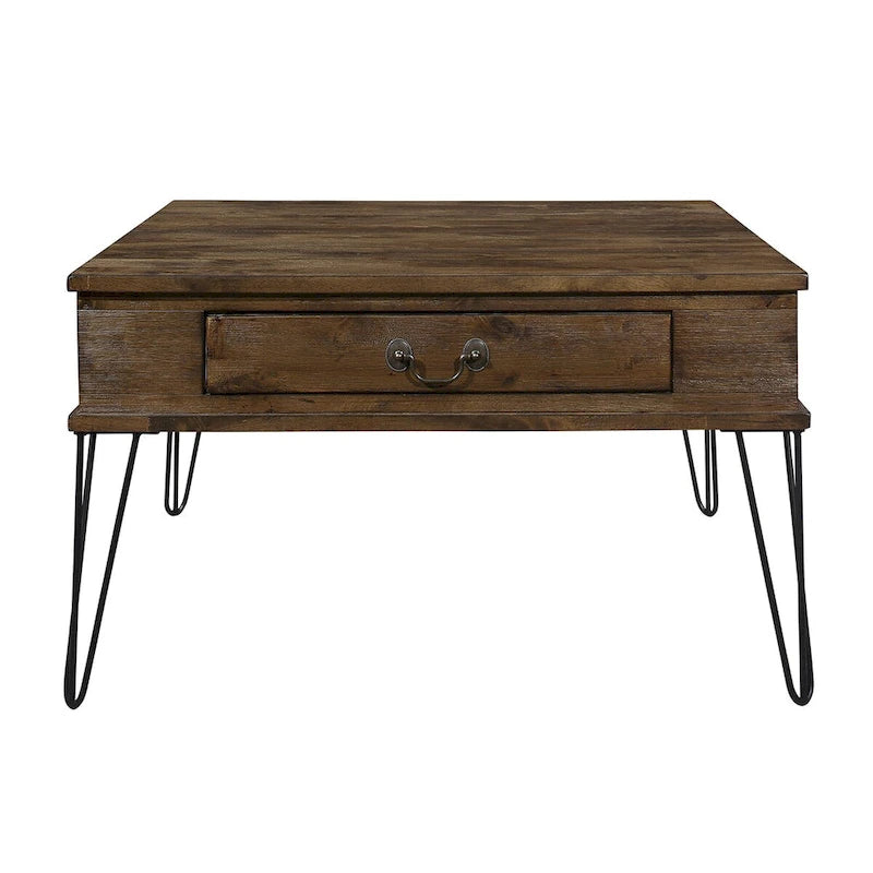 Table basse carrée de 32 pouces avec 2 tiroirs, bois marron, pieds noirs