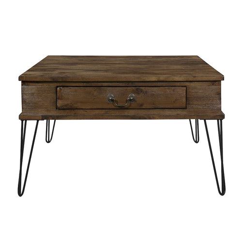 Table basse carrée de 32 pouces avec 2 tiroirs, bois marron, pieds noirs