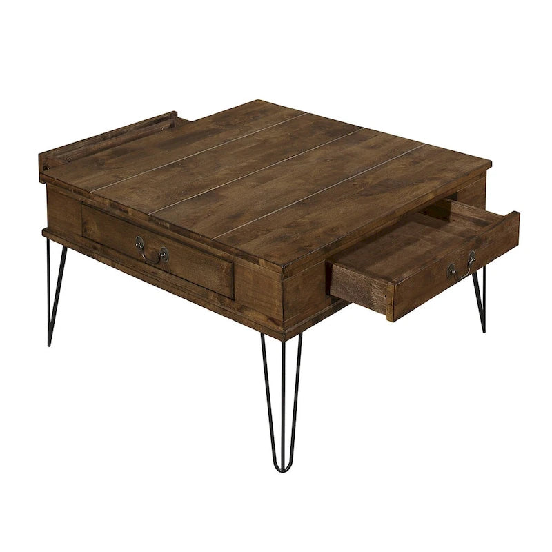 Table basse carrée de 32 pouces avec 2 tiroirs, bois marron, pieds noirs