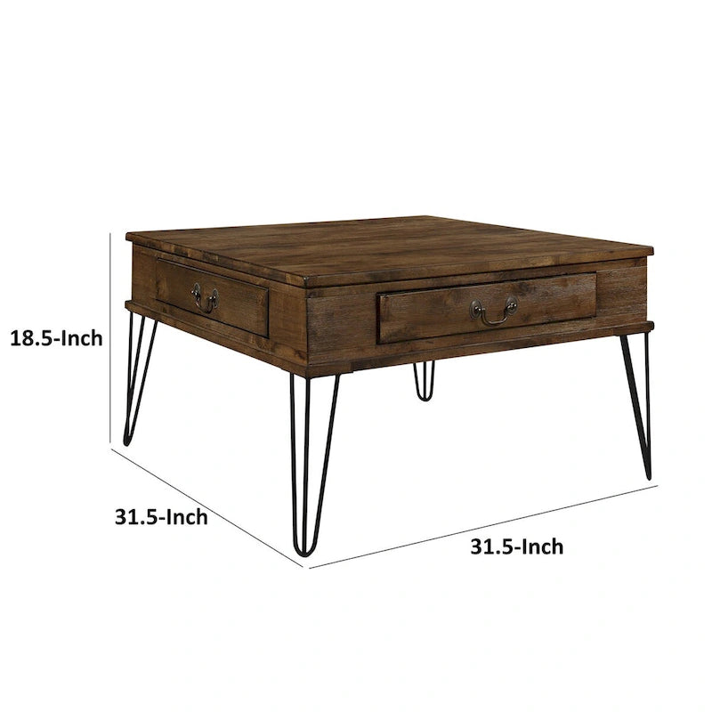 Table basse carrée de 32 pouces avec 2 tiroirs, bois marron, pieds noirs