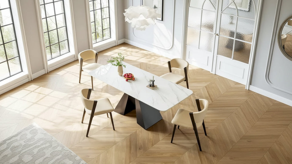 Table à manger rectangulaire extensible avec plateau en pierre et piètement en métal