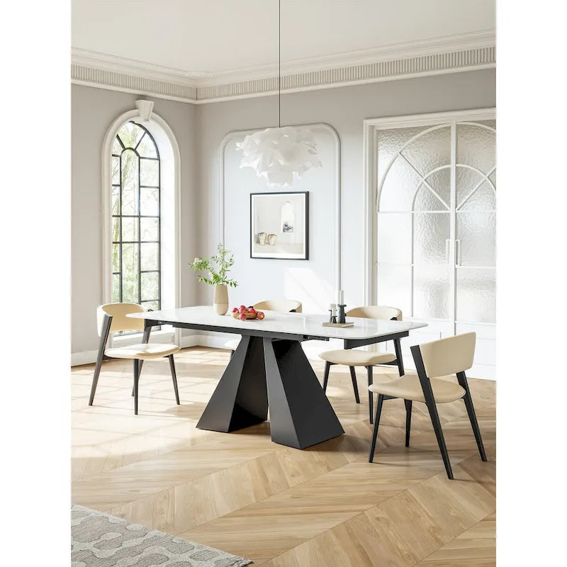 Table à manger rectangulaire extensible avec plateau en pierre et piètement en métal