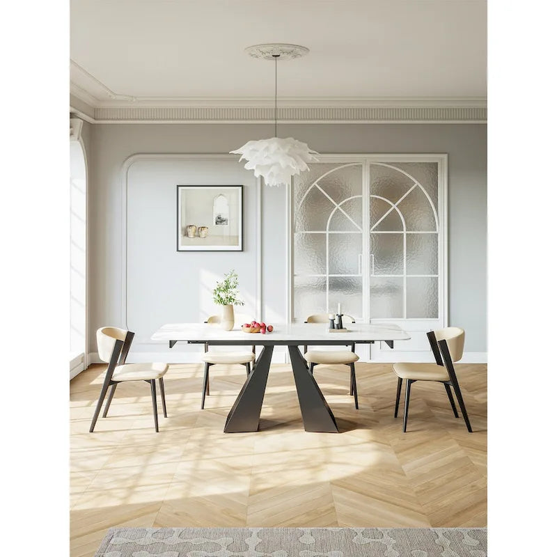 Table à manger rectangulaire extensible avec plateau en pierre et piètement en métal