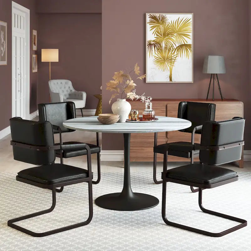 Table à manger plateau marbre et piètement acier – Gris et noir