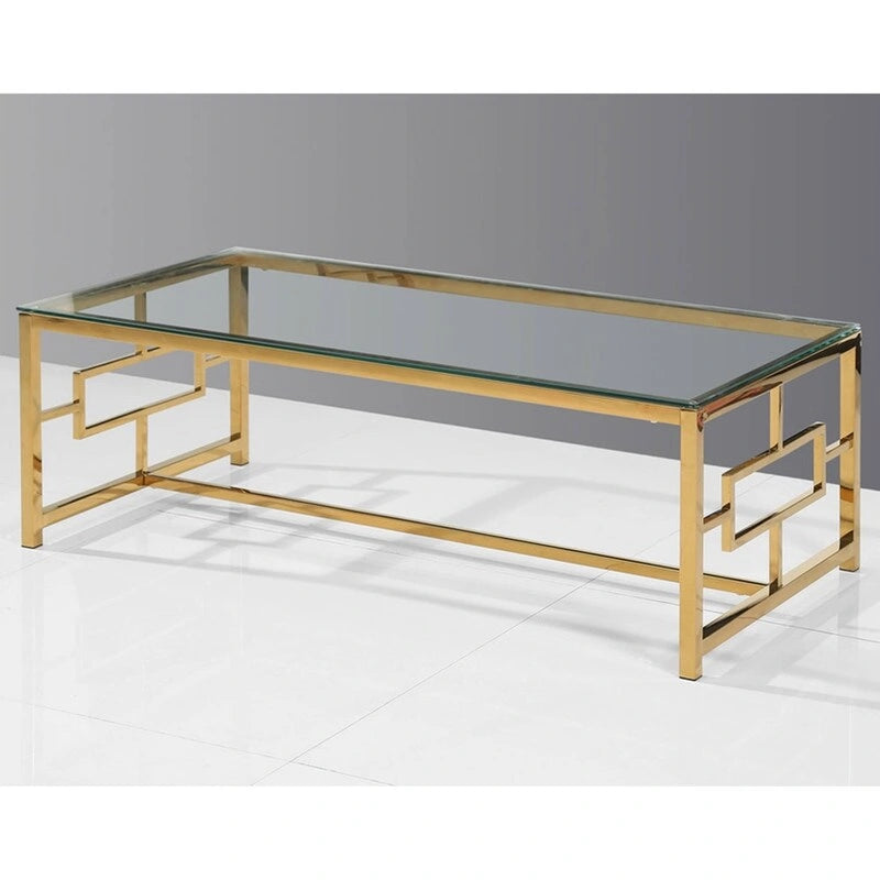 Table basse rectangulaire en verre avec piètement géométrique en métal