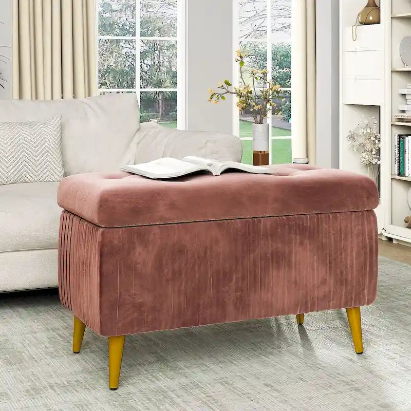 Banc de rangement capitonné avec revêtement en velours et pieds en métal
