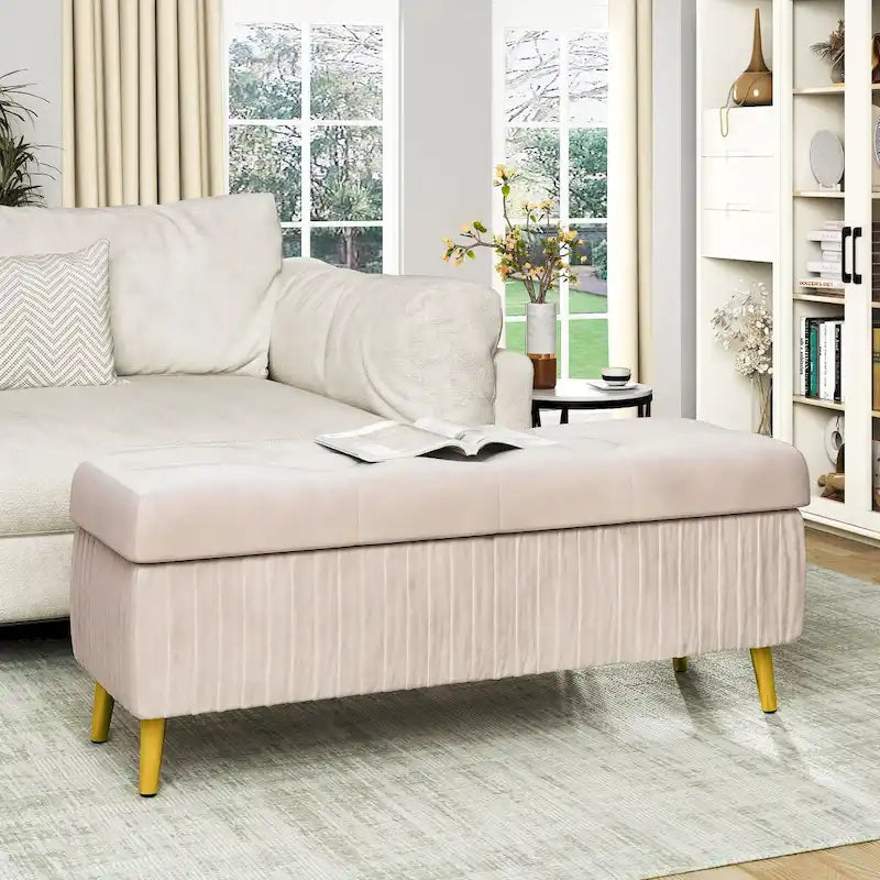 Banc de rangement capitonné avec revêtement en velours et pieds en métal