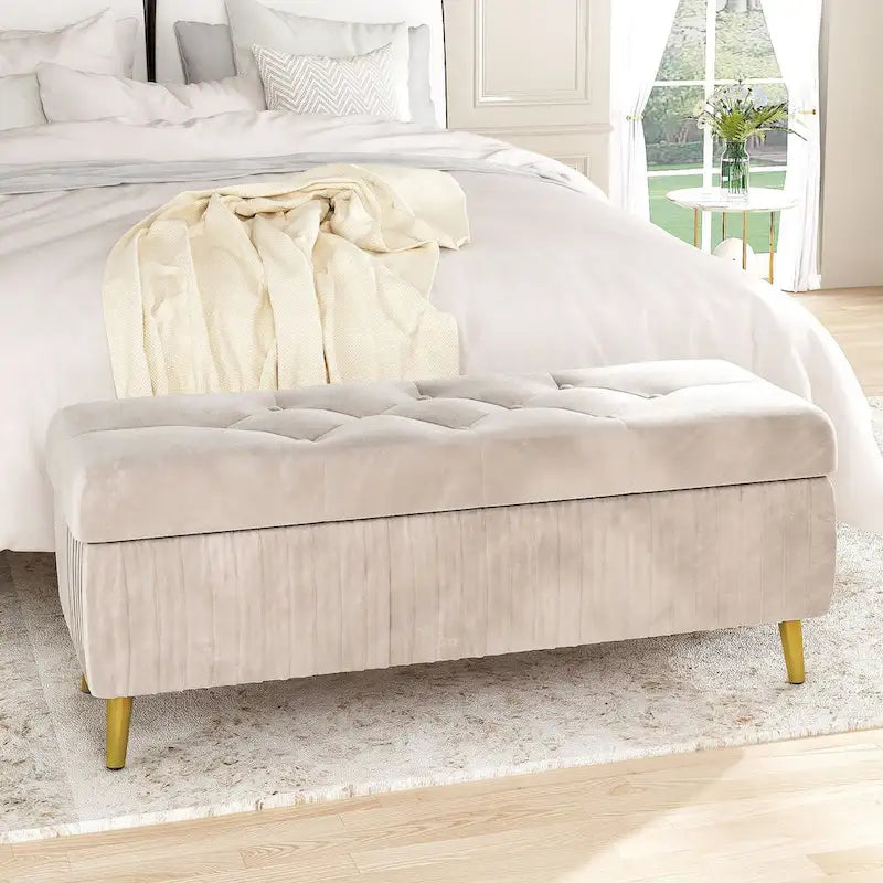 Banc de rangement capitonné avec revêtement en velours et pieds en métal