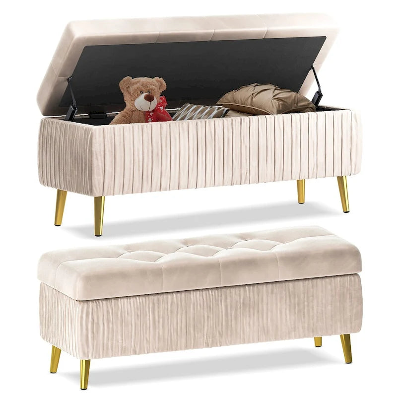Banc de rangement capitonné avec revêtement en velours et pieds en métal