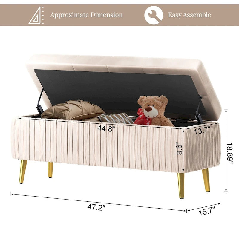 Banc de rangement capitonné avec revêtement en velours et pieds en métal