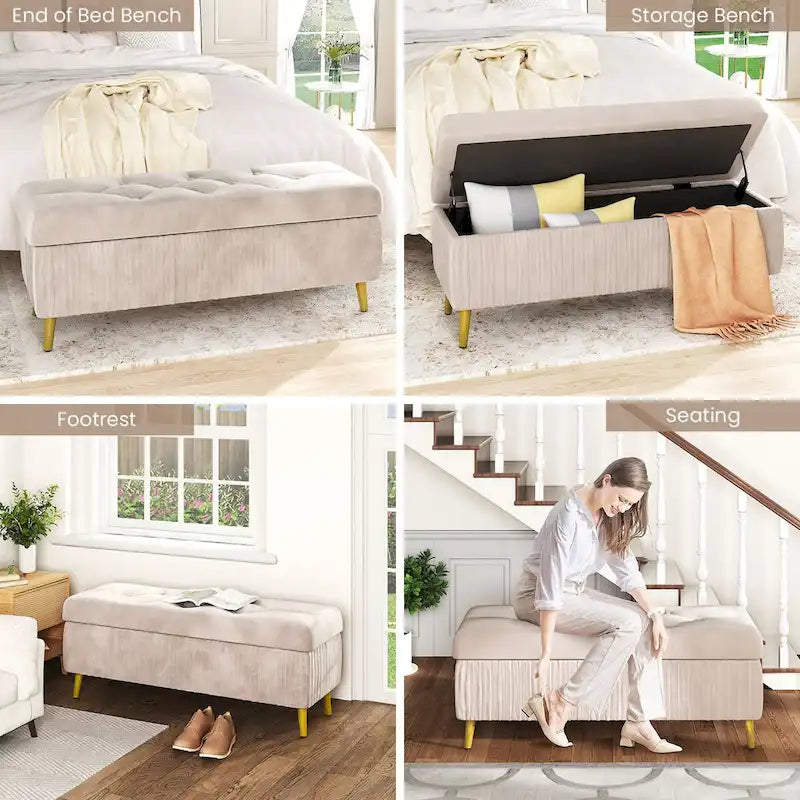 Banc de rangement capitonné avec revêtement en velours et pieds en métal