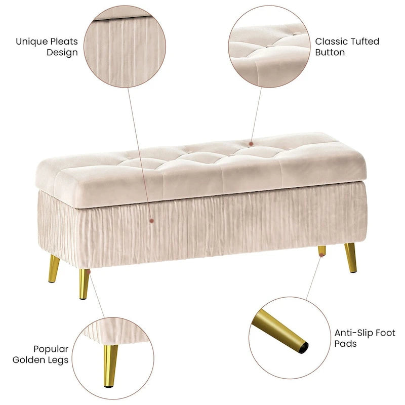 Banc de rangement capitonné avec revêtement en velours et pieds en métal