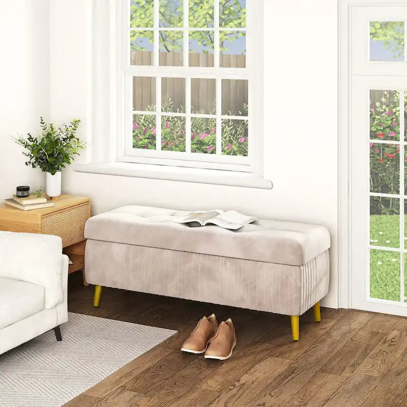 Banc de rangement capitonné avec revêtement en velours et pieds en métal