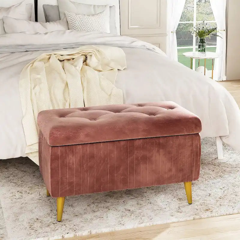 Banc de rangement capitonné avec revêtement en velours et pieds en métal