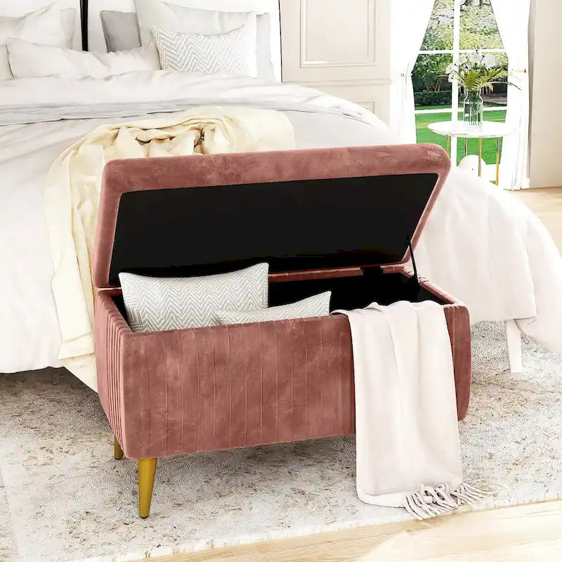 Banc de rangement capitonné avec revêtement en velours et pieds en métal