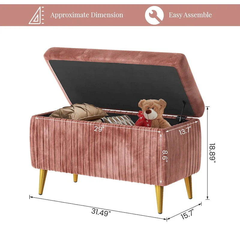 Banc de rangement capitonné avec revêtement en velours et pieds en métal