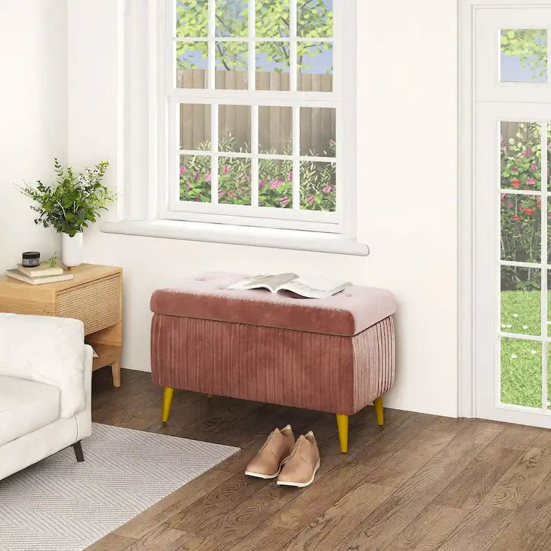 Banc de rangement capitonné avec revêtement en velours et pieds en métal