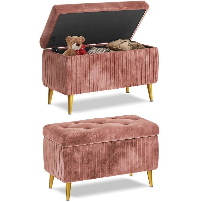 Banc de rangement capitonné avec revêtement en velours et pieds en métal