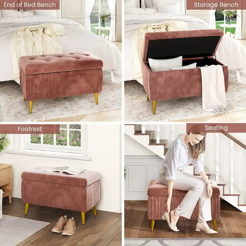 Banc de rangement capitonné avec revêtement en velours et pieds en métal