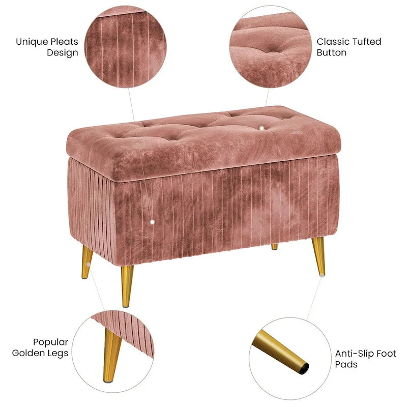 Banc de rangement capitonné avec revêtement en velours et pieds en métal
