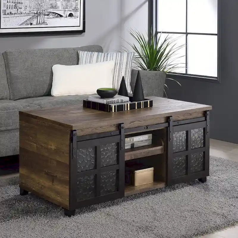 Table basse avec portes coulissantes en verre façon grange et rangement