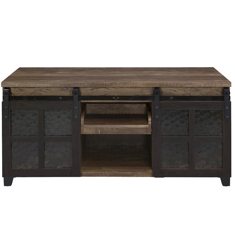 Table basse avec portes coulissantes en verre façon grange et rangement