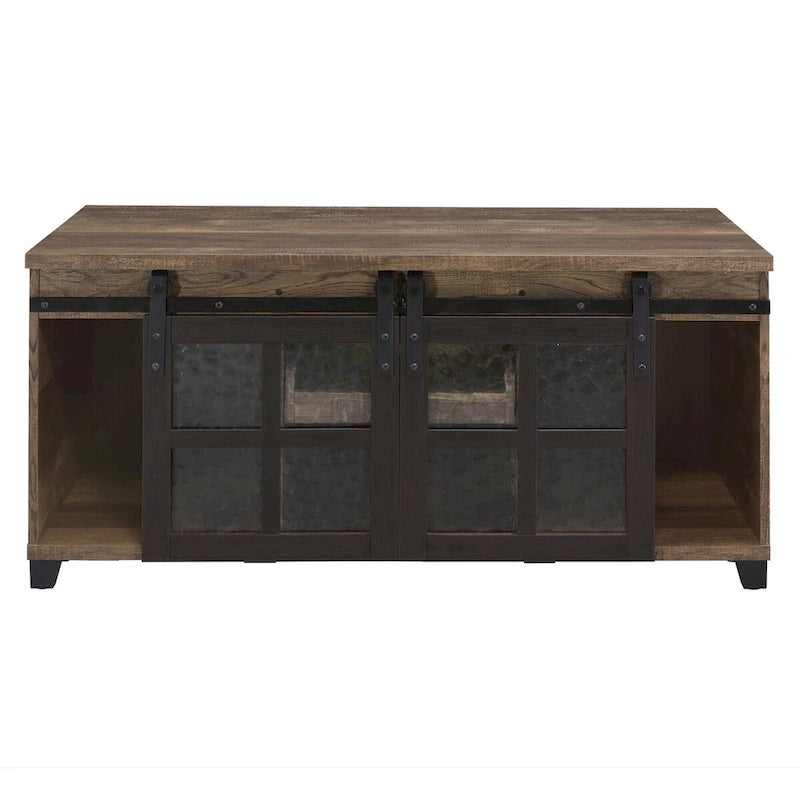 Table basse avec portes coulissantes en verre façon grange et rangement