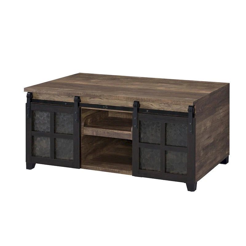Table basse avec portes coulissantes en verre façon grange et rangement