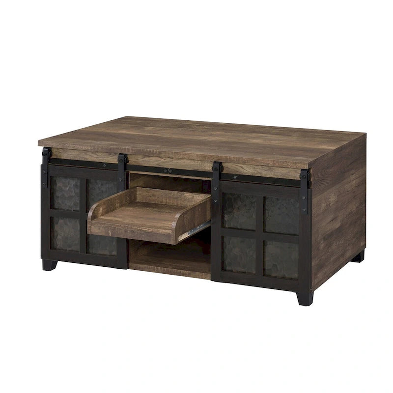 Table basse avec portes coulissantes en verre façon grange et rangement