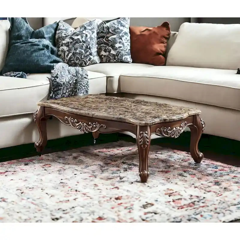 Table basse de 57 pouces avec plateau en faux marbre – Fini brun et chêne