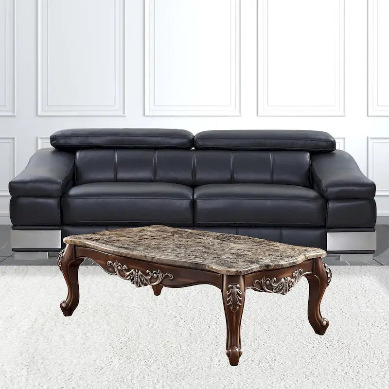 Table basse de 57 pouces avec plateau en faux marbre – Fini brun et chêne