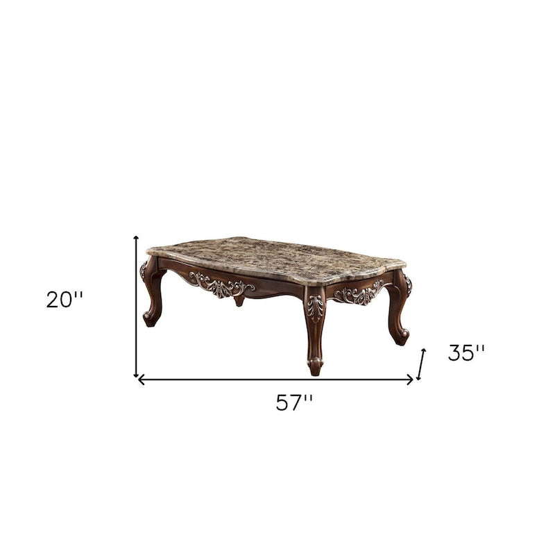 Table basse de 57 pouces avec plateau en faux marbre – Fini brun et chêne