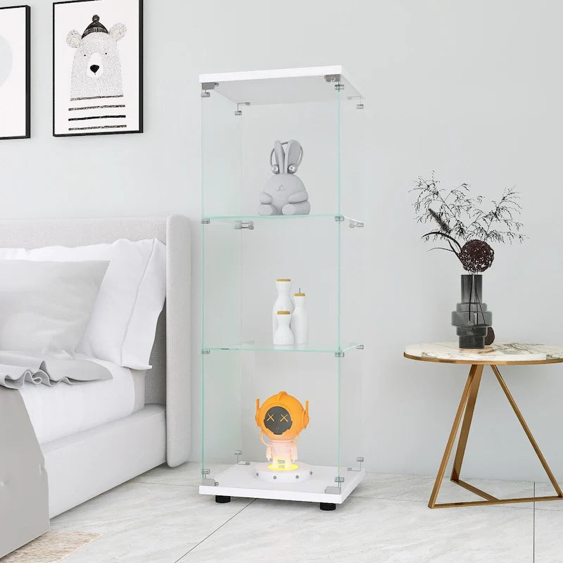 Vitrine en verre à 3 étagères, une porte, bibliothèque sur pied blanche