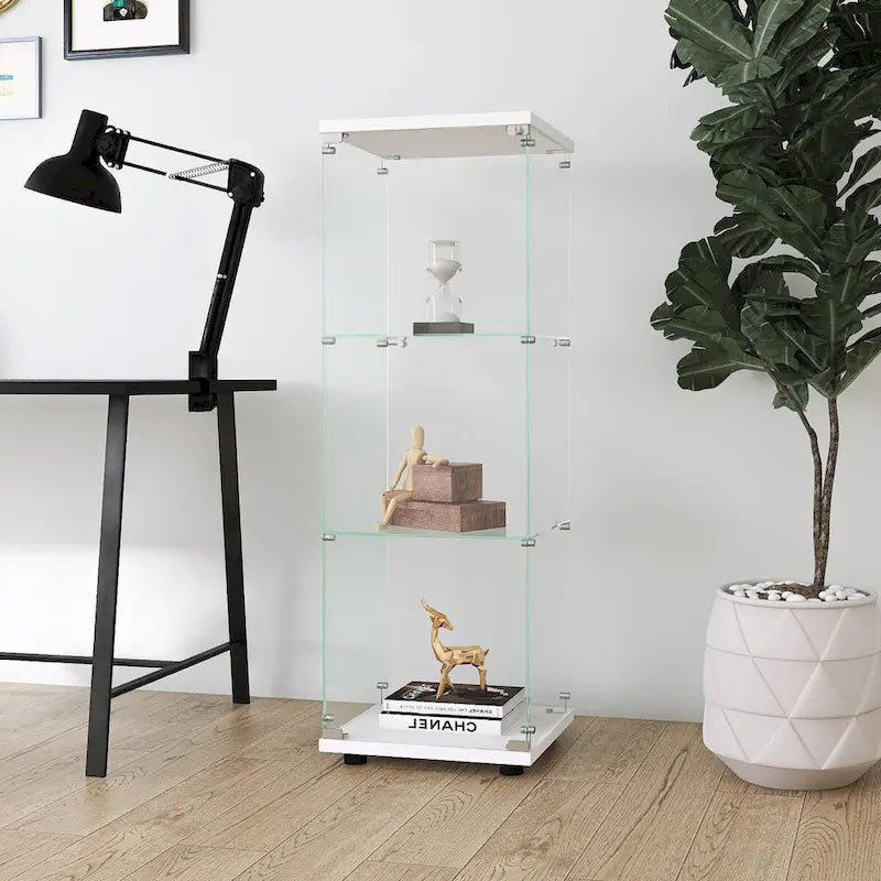 Vitrine en verre à 3 étagères, une porte, bibliothèque sur pied blanche