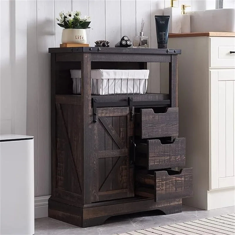 Meuble de rangement de salle de bain avec porte coulissante de style grange
