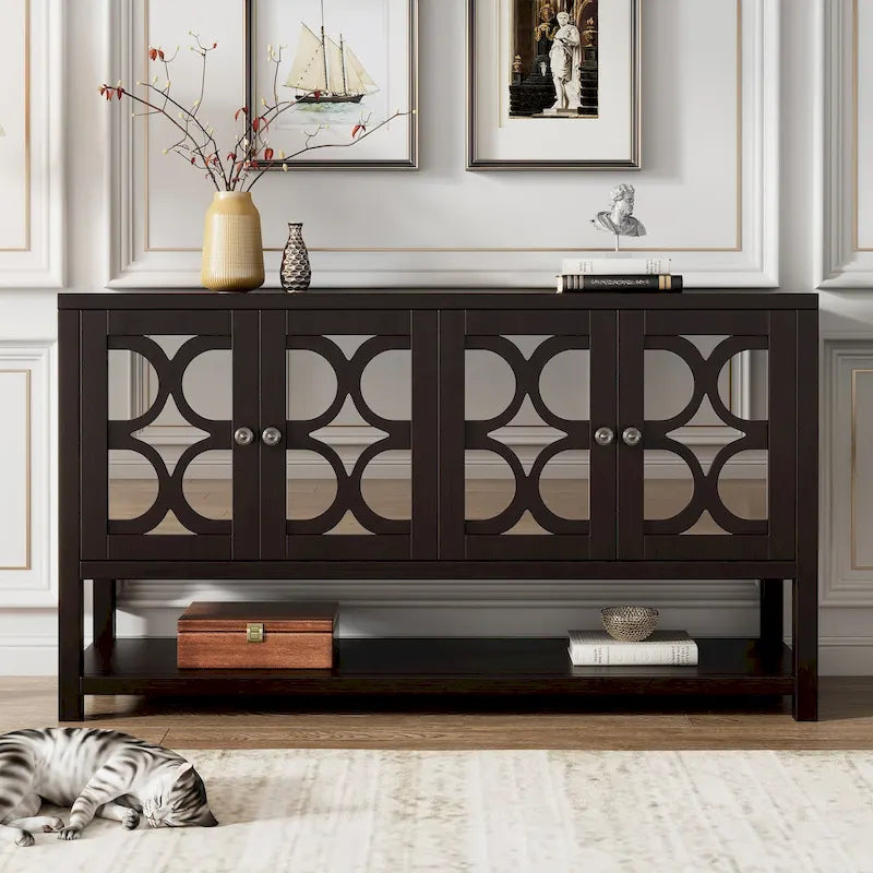 Console avec meuble de rangement, portes miroir et étagère ouverte