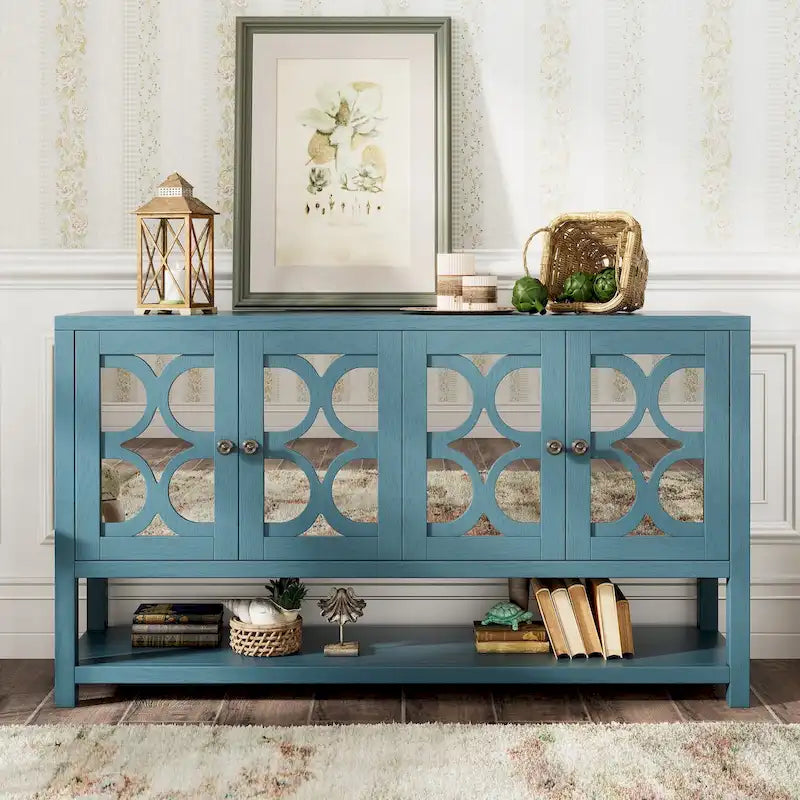 Console avec meuble de rangement, portes miroir et étagère ouverte