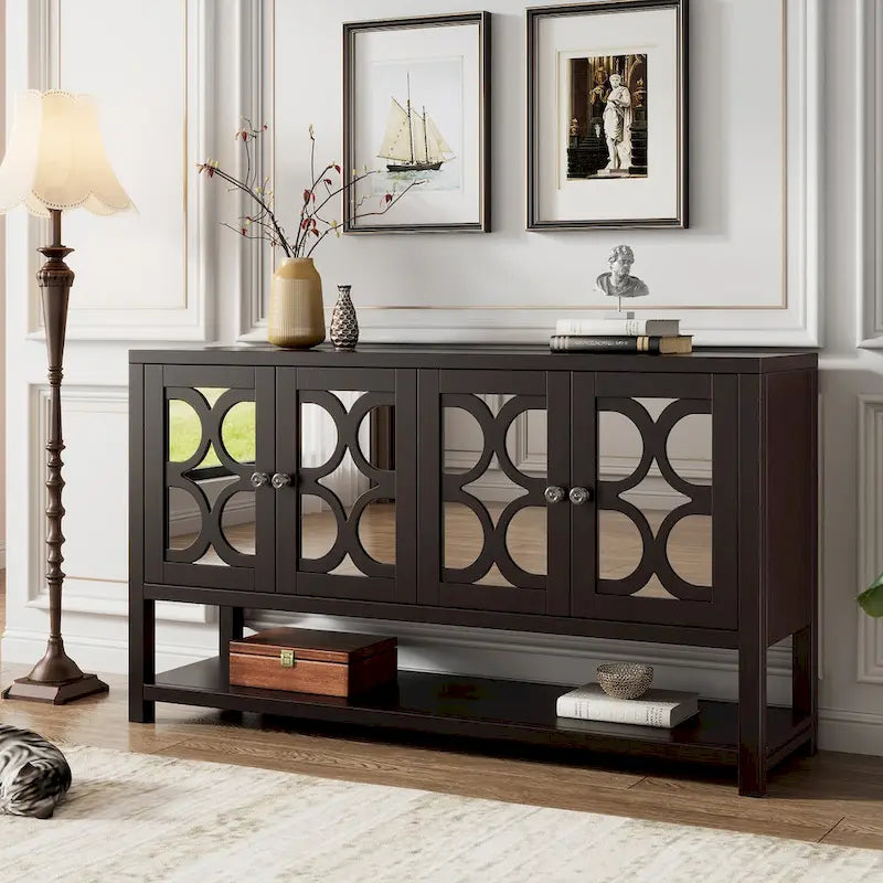 Console avec meuble de rangement, portes miroir et étagère ouverte