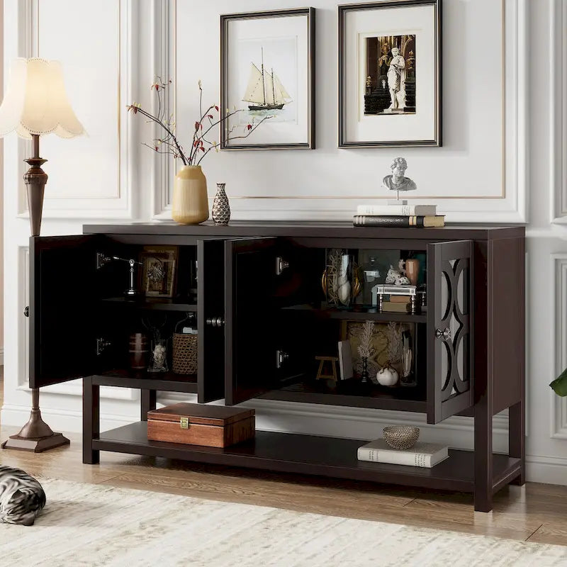 Console avec meuble de rangement, portes miroir et étagère ouverte