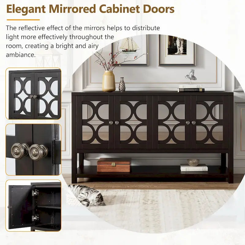 Console avec meuble de rangement, portes miroir et étagère ouverte
