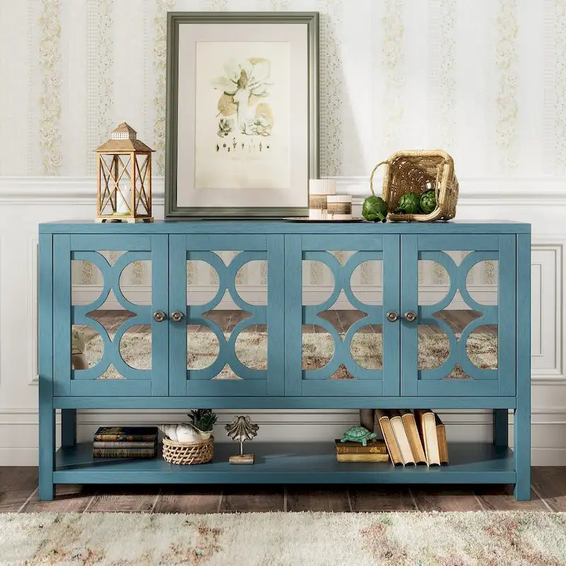 Console avec meuble de rangement, portes miroir et étagère ouverte